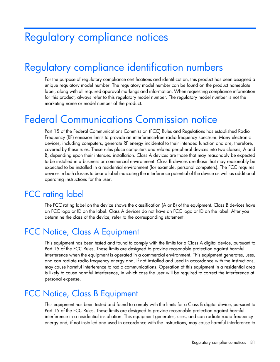 Regulatory compliance notices, Regulatory compliance identification numbers, Federal communications commission notice | Fcc rating label, Fcc notice, class a equipment, Fcc notice, class b equipment | HP ProLiant ML310 G5p Server User Manual | Page 81 / 103