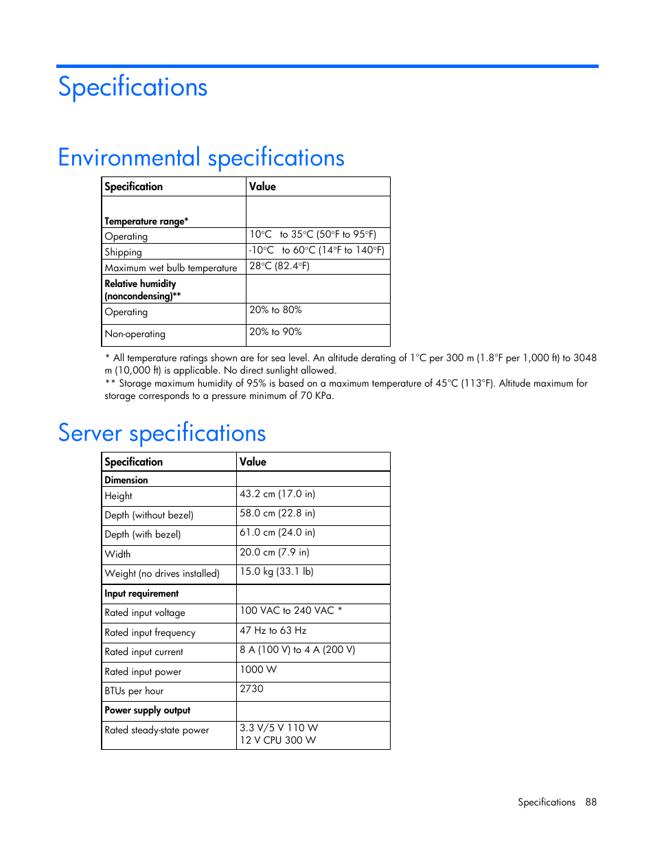Specifications, Environmental specifications, Server specifications | HP ProLiant ML310 G5p Server User Manual | Page 88 / 103
