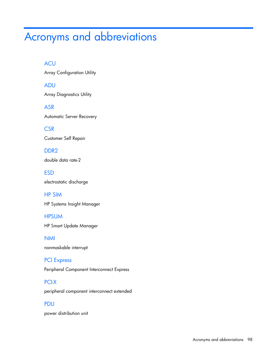 Acronyms and abbreviations | HP ProLiant ML310 G5p Server User Manual | Page 98 / 103