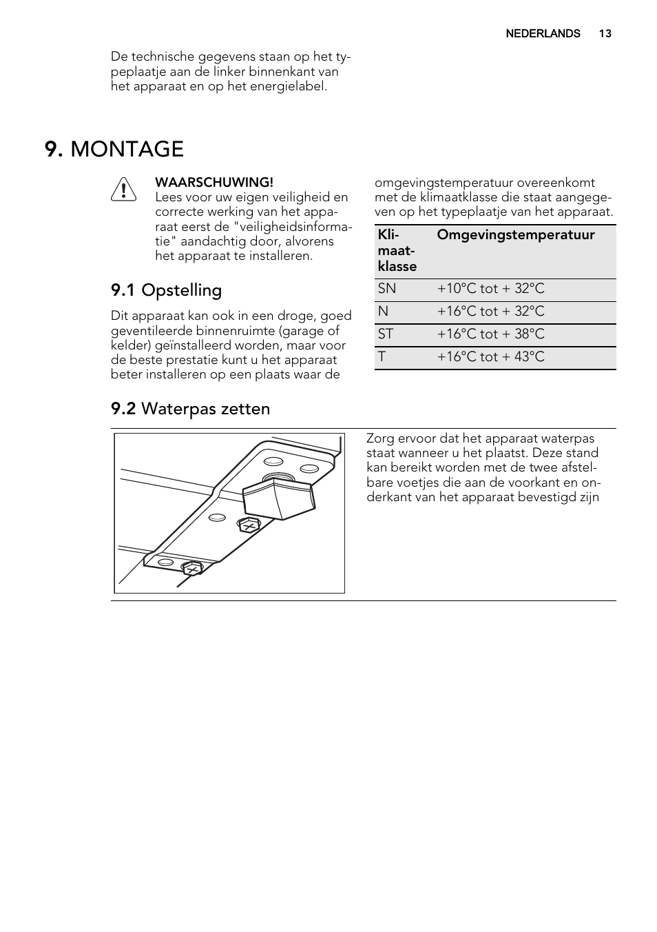 Montage, 1 opstelling, 2 waterpas zetten | AEG A51100TSW0 User Manual | Page 13 / 68