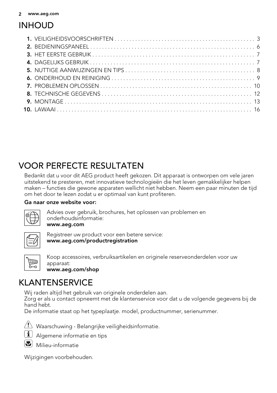 Inhoud, Voor perfecte resultaten, Klantenservice | AEG A51100TSW0 User Manual | Page 2 / 68