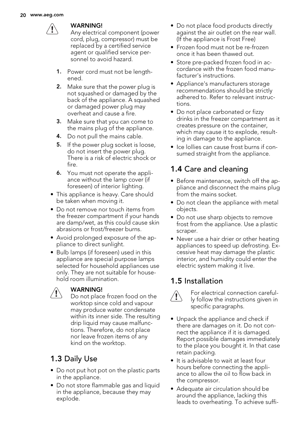 3 daily use, 4 care and cleaning, 5 installation | AEG A51100TSW0 User Manual | Page 20 / 68