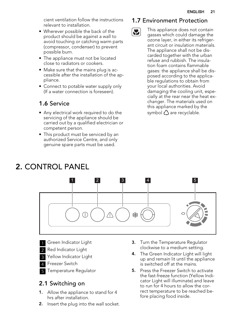 Control panel, 6 service, 7 environment protection | 1 switching on | AEG A51100TSW0 User Manual | Page 21 / 68