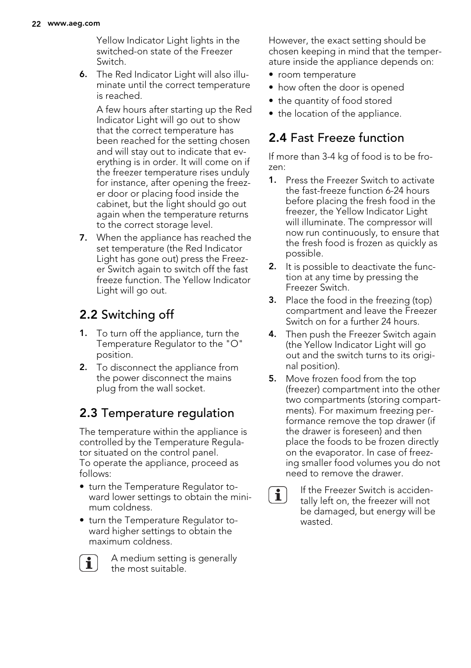 2 switching off, 3 temperature regulation, 4 fast freeze function | AEG A51100TSW0 User Manual | Page 22 / 68