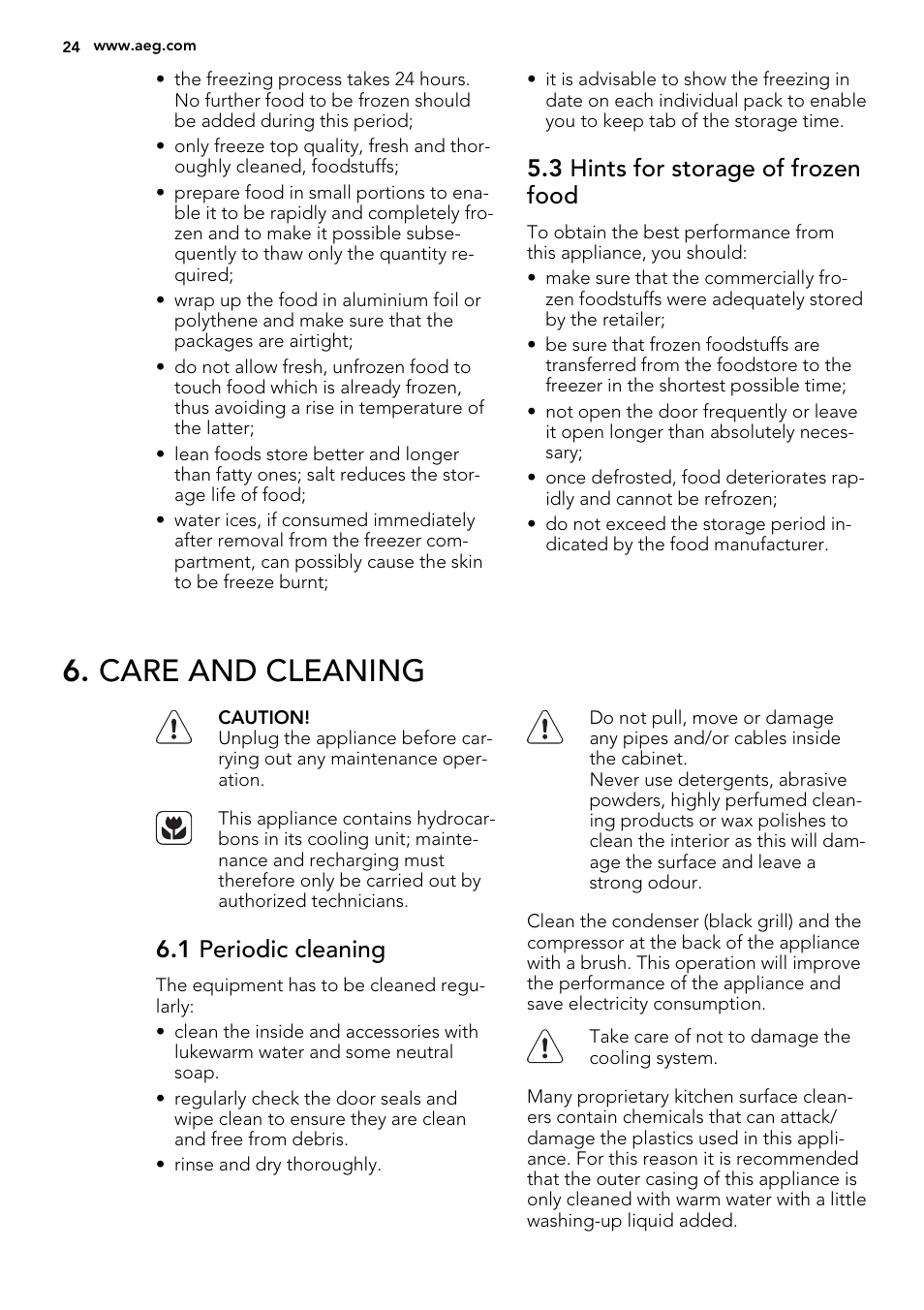 Care and cleaning, 3 hints for storage of frozen food, 1 periodic cleaning | AEG A51100TSW0 User Manual | Page 24 / 68