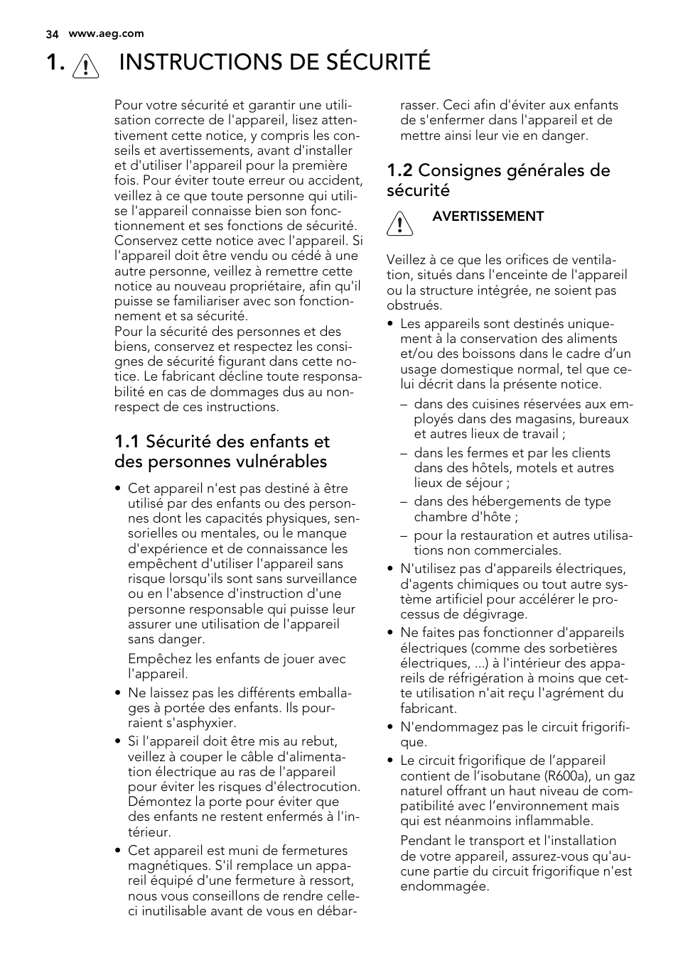 Instructions de sécurité, 2 consignes générales de sécurité | AEG A51100TSW0 User Manual | Page 34 / 68