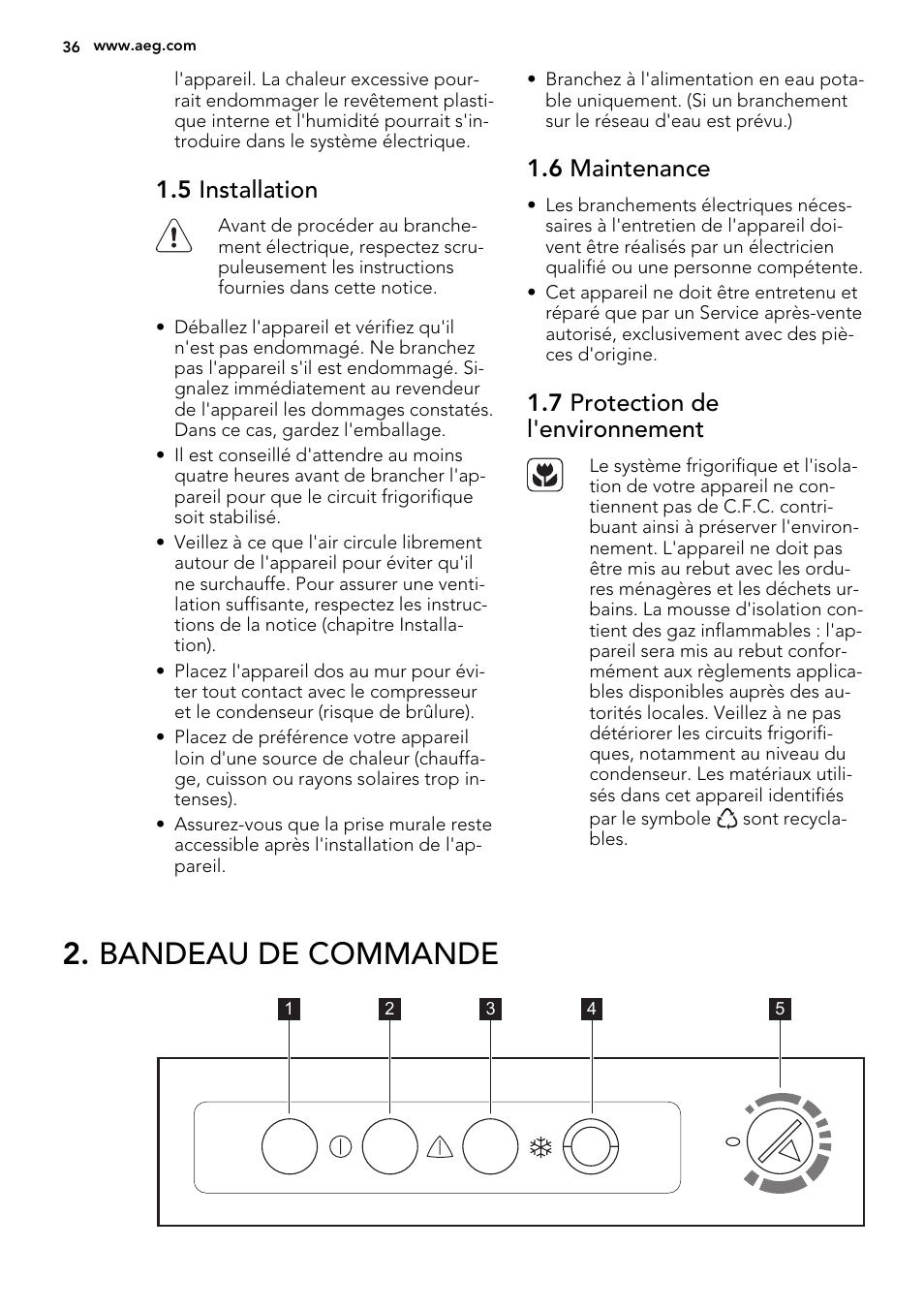 Bandeau de commande, 5 installation, 6 maintenance | 7 protection de l'environnement | AEG A51100TSW0 User Manual | Page 36 / 68