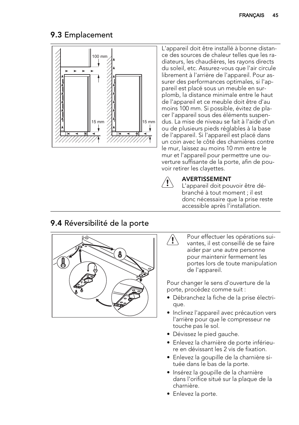 3 emplacement, 4 réversibilité de la porte | AEG A51100TSW0 User Manual | Page 45 / 68