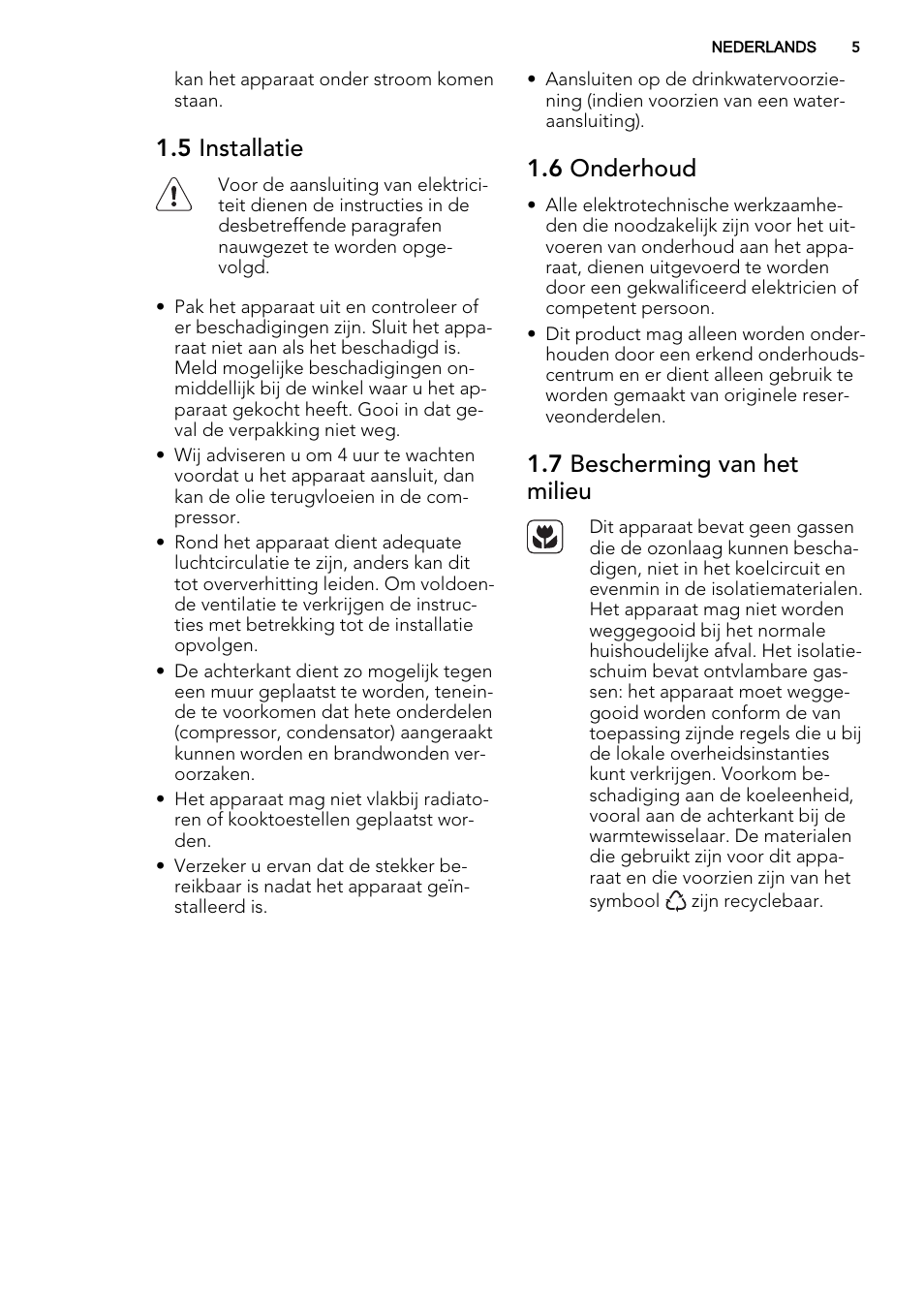 5 installatie, 6 onderhoud, 7 bescherming van het milieu | AEG A51100TSW0 User Manual | Page 5 / 68