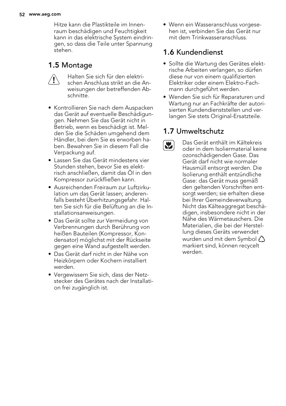5 montage, 6 kundendienst, 7 umweltschutz | AEG A51100TSW0 User Manual | Page 52 / 68