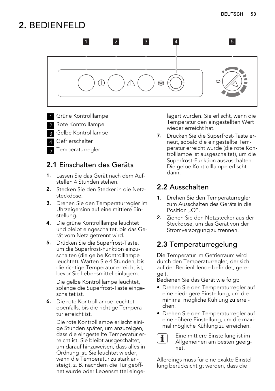 Bedienfeld, 1 einschalten des geräts, 2 ausschalten | 3 temperaturregelung | AEG A51100TSW0 User Manual | Page 53 / 68