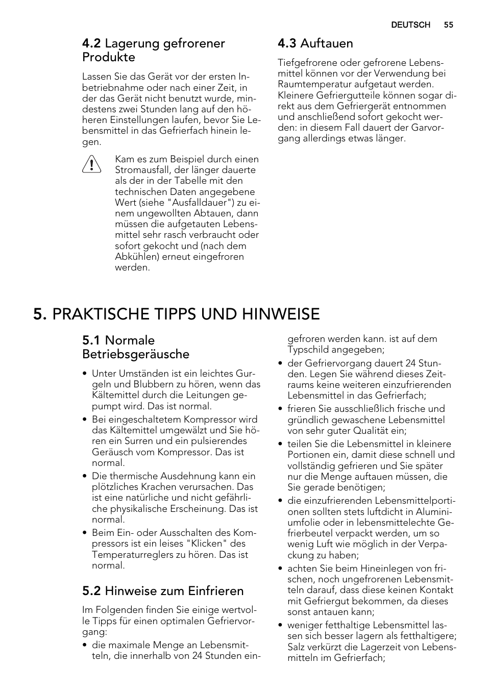 Praktische tipps und hinweise, 2 lagerung gefrorener produkte, 3 auftauen | 1 normale betriebsgeräusche, 2 hinweise zum einfrieren | AEG A51100TSW0 User Manual | Page 55 / 68