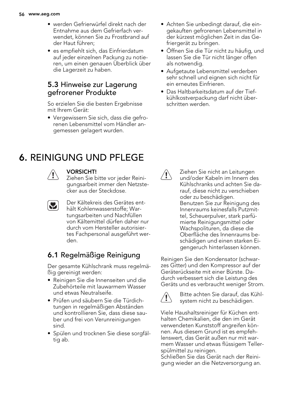 Reinigung und pflege, 3 hinweise zur lagerung gefrorener produkte, 1 regelmäßige reinigung | AEG A51100TSW0 User Manual | Page 56 / 68