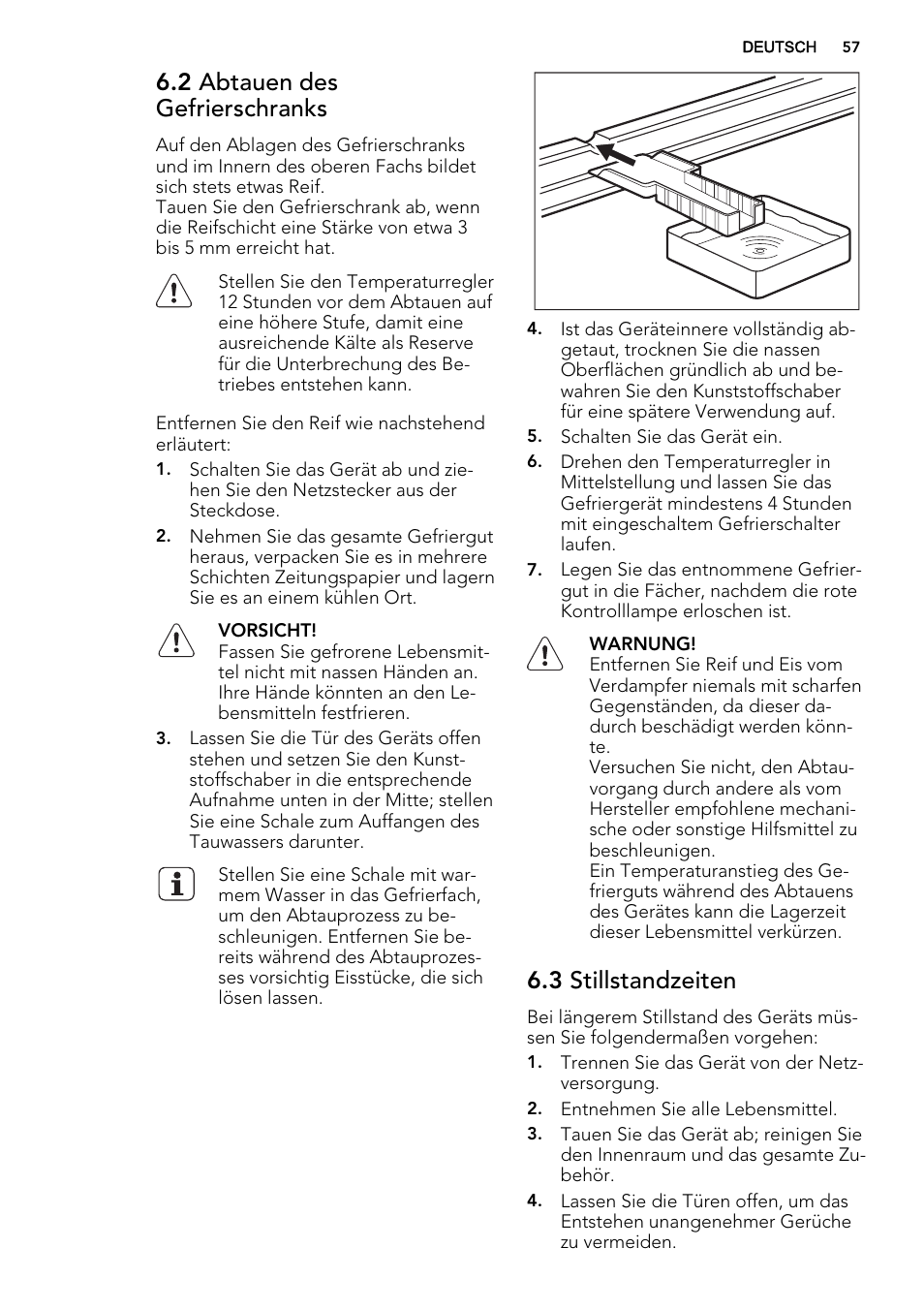 2 abtauen des gefrierschranks, 3 stillstandzeiten | AEG A51100TSW0 User Manual | Page 57 / 68