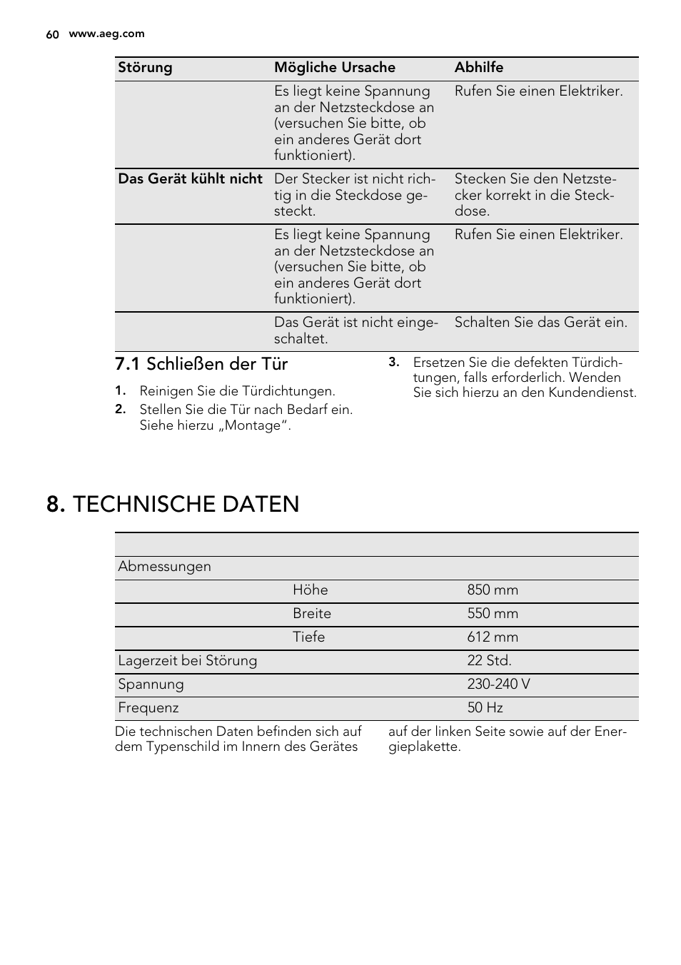 Technische daten, 1 schließen der tür | AEG A51100TSW0 User Manual | Page 60 / 68