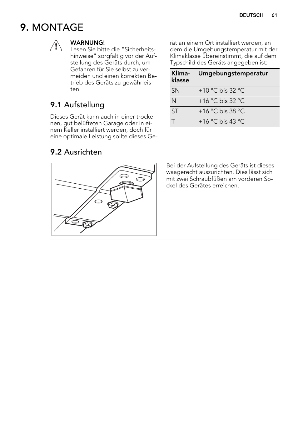 Montage, 1 aufstellung, 2 ausrichten | AEG A51100TSW0 User Manual | Page 61 / 68