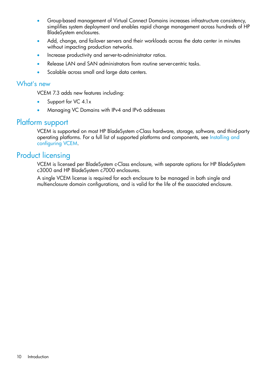 What's new, Platform support, Product licensing | Platform support product licensing | HP Virtual Connect Enterprise Manager Software User Manual | Page 10 / 195