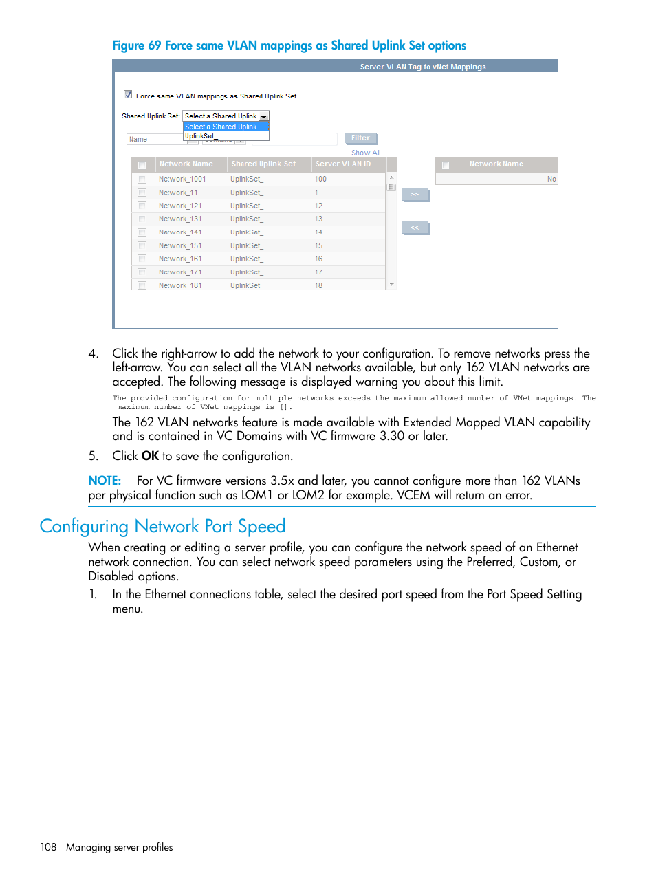 Configuring network port speed | HP Virtual Connect Enterprise Manager Software User Manual | Page 108 / 195