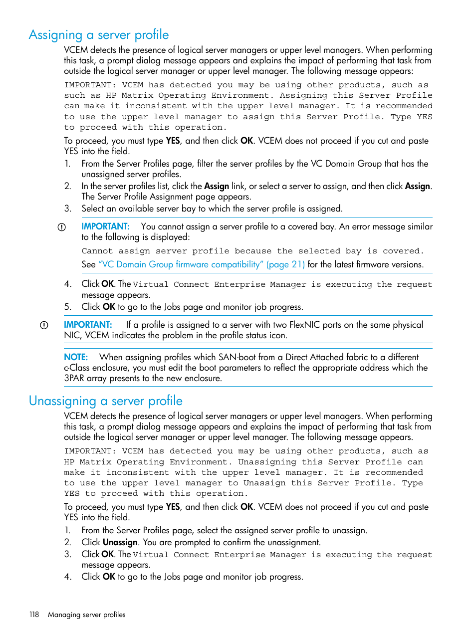 Assigning a server profile, Unassigning a server profile | HP Virtual Connect Enterprise Manager Software User Manual | Page 118 / 195