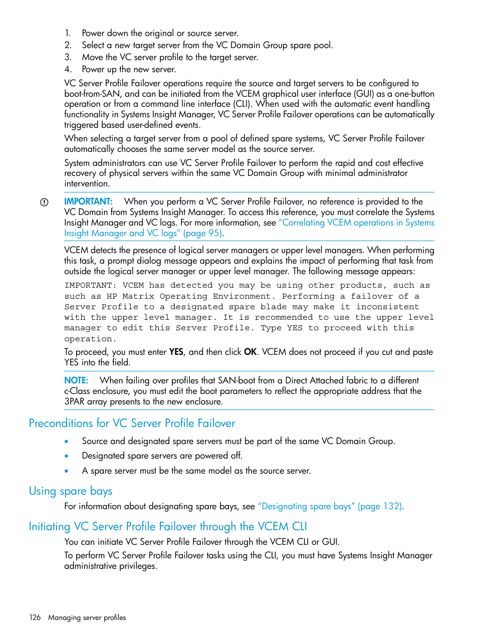 Preconditions for vc server profile failover, Using spare bays | HP Virtual Connect Enterprise Manager Software User Manual | Page 126 / 195