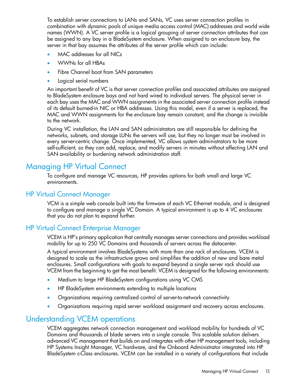 Managing hp virtual connect, Hp virtual connect manager, Hp virtual connect enterprise manager | Understanding vcem operations | HP Virtual Connect Enterprise Manager Software User Manual | Page 13 / 195