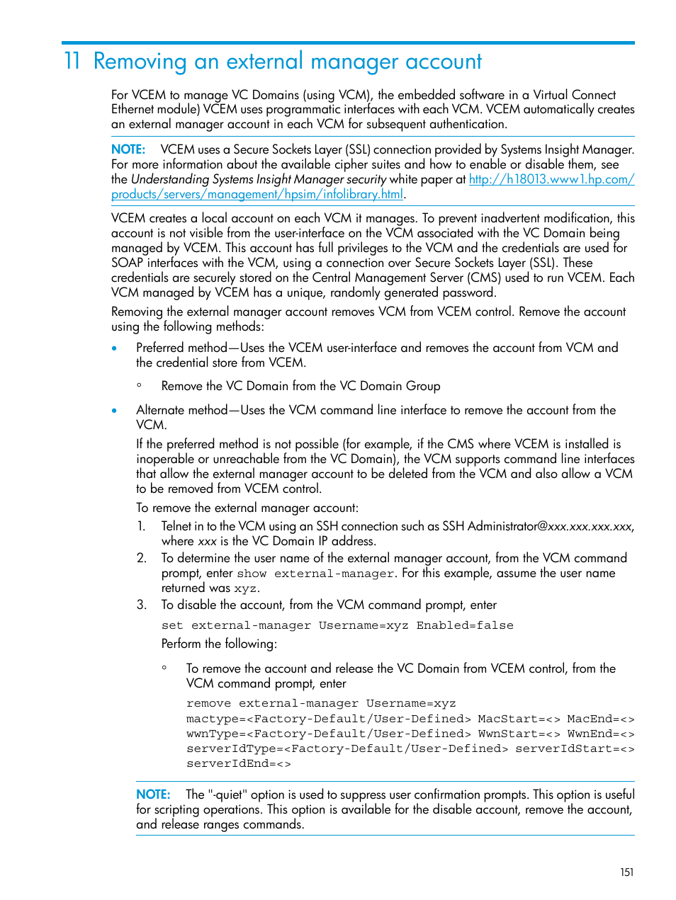 11 removing an external manager account | HP Virtual Connect Enterprise Manager Software User Manual | Page 151 / 195