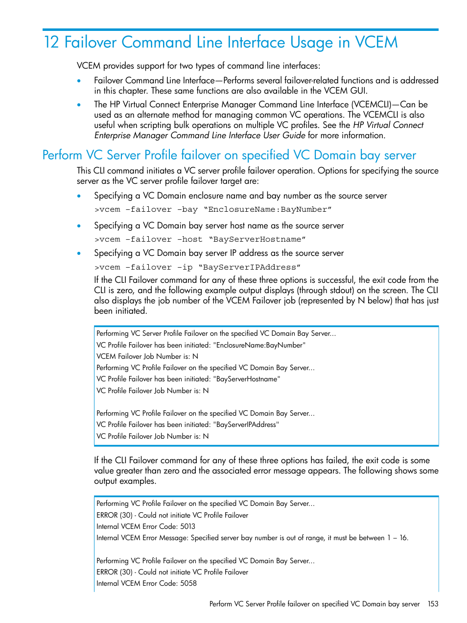 12 failover command line interface usage in vcem | HP Virtual Connect Enterprise Manager Software User Manual | Page 153 / 195