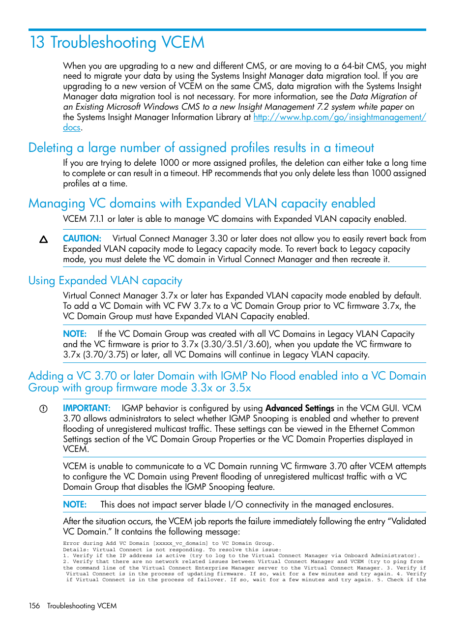 13 troubleshooting vcem, Using expanded vlan capacity | HP Virtual Connect Enterprise Manager Software User Manual | Page 156 / 195