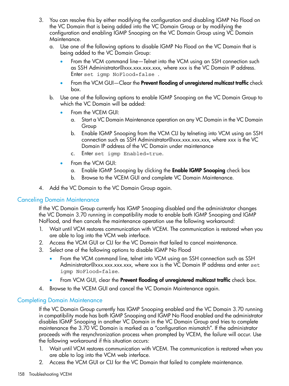 Canceling domain maintenance, Completing domain maintenance | HP Virtual Connect Enterprise Manager Software User Manual | Page 158 / 195