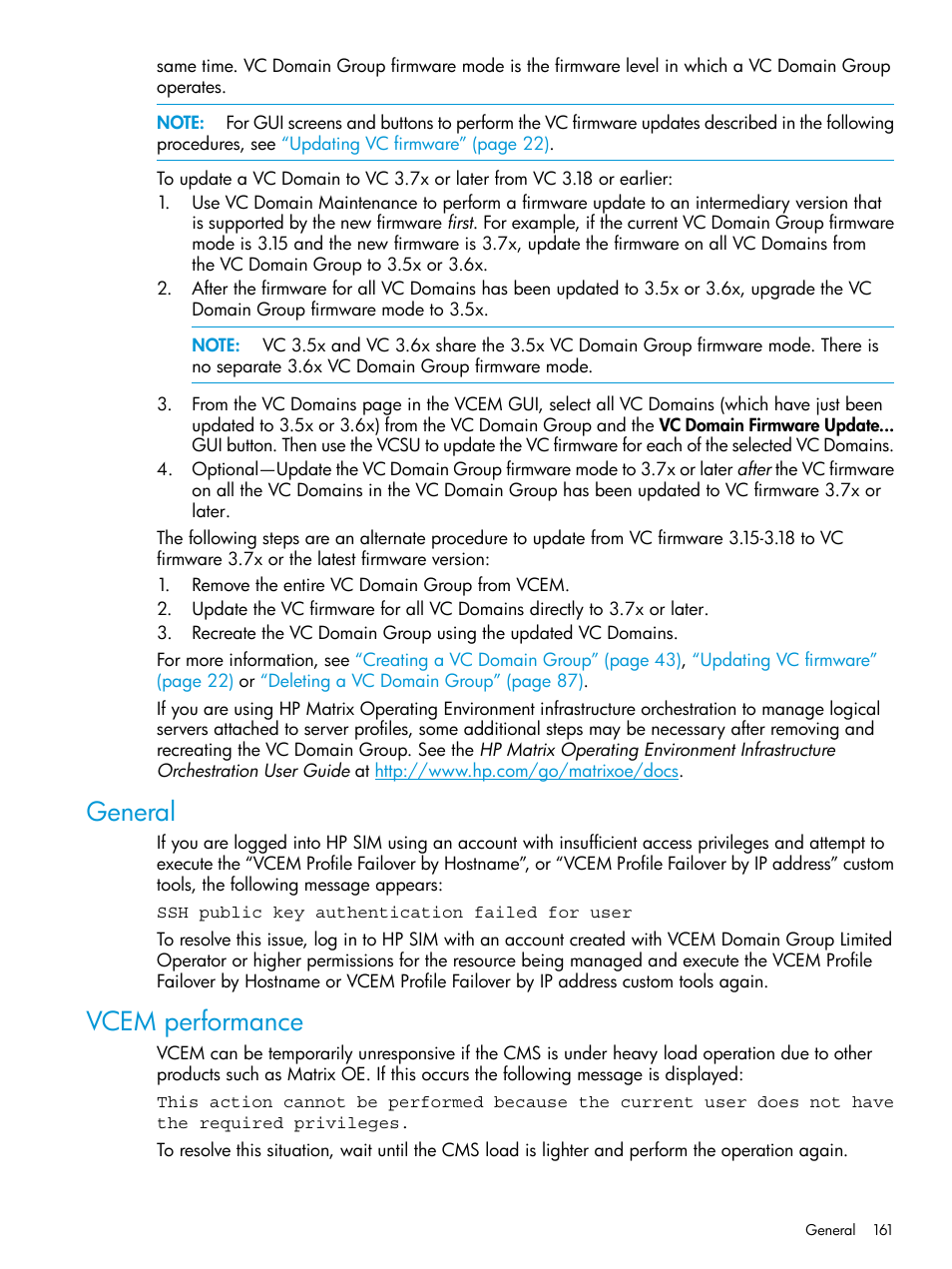 General, Vcem performance, General vcem performance | HP Virtual Connect Enterprise Manager Software User Manual | Page 161 / 195