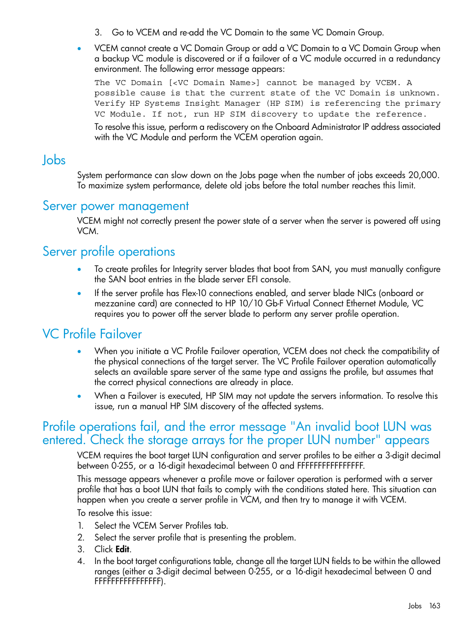 Jobs, Server power management, Server profile operations | Vc profile failover | HP Virtual Connect Enterprise Manager Software User Manual | Page 163 / 195