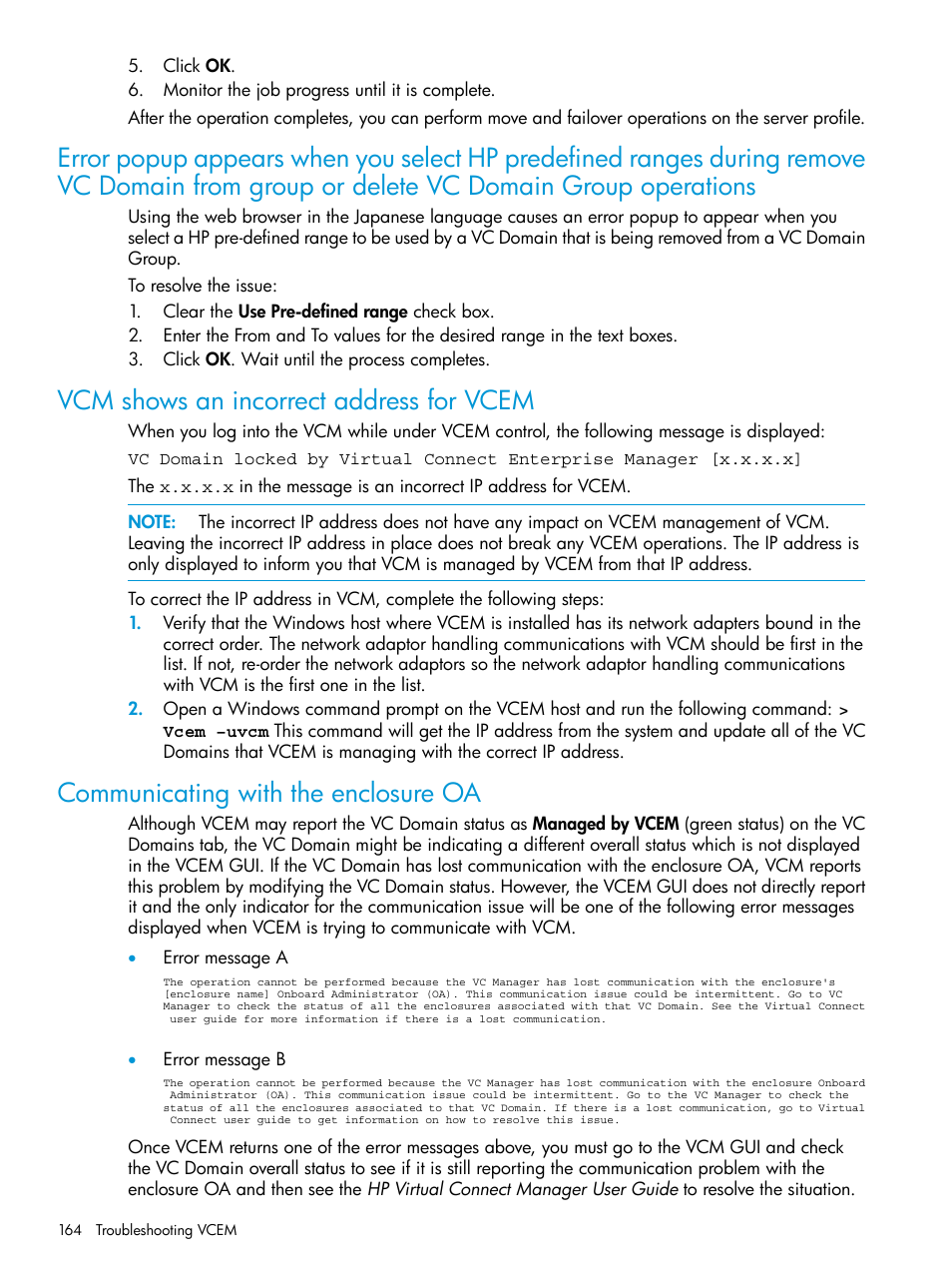 Vcm shows an incorrect address for vcem, Communicating with the enclosure oa | HP Virtual Connect Enterprise Manager Software User Manual | Page 164 / 195