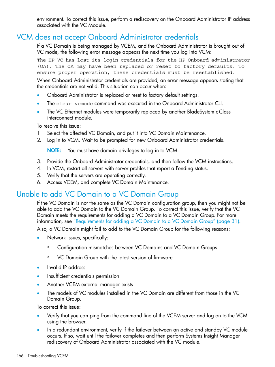 Unable to add vc domain to a vc domain group | HP Virtual Connect Enterprise Manager Software User Manual | Page 166 / 195