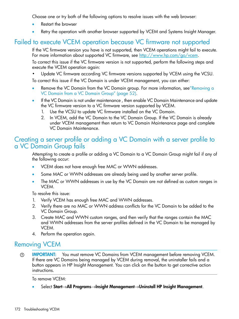 Removing vcem | HP Virtual Connect Enterprise Manager Software User Manual | Page 172 / 195