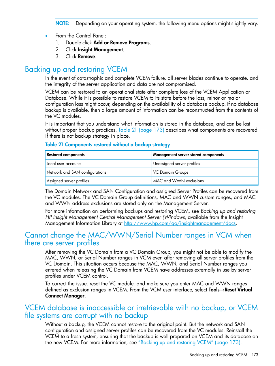Backing up and restoring vcem | HP Virtual Connect Enterprise Manager Software User Manual | Page 173 / 195