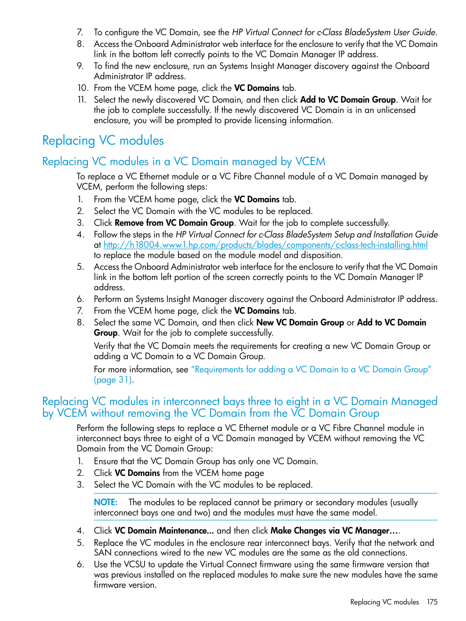 Replacing vc modules | HP Virtual Connect Enterprise Manager Software User Manual | Page 175 / 195