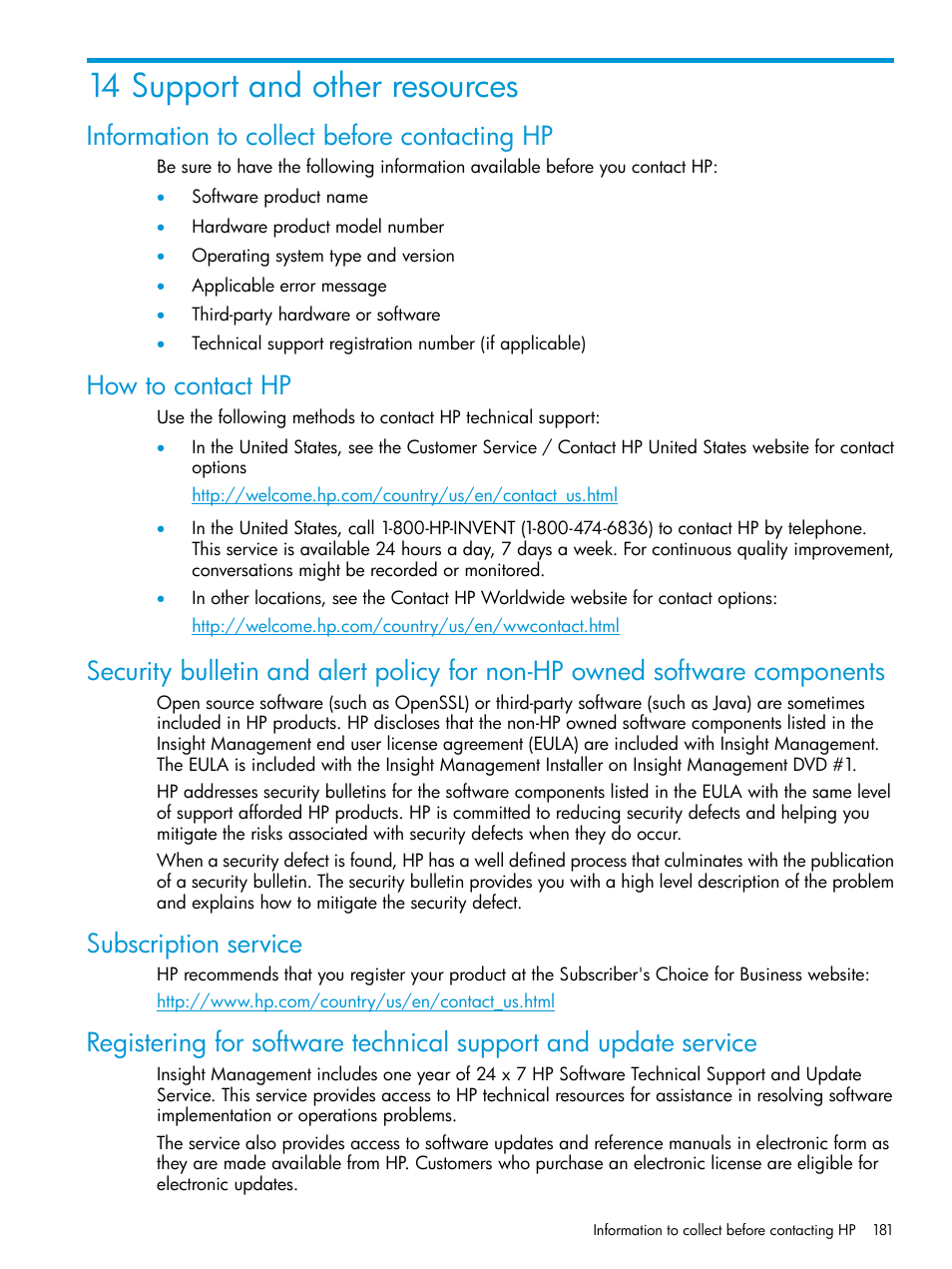 14 support and other resources, Information to collect before contacting hp, How to contact hp | Subscription service | HP Virtual Connect Enterprise Manager Software User Manual | Page 181 / 195