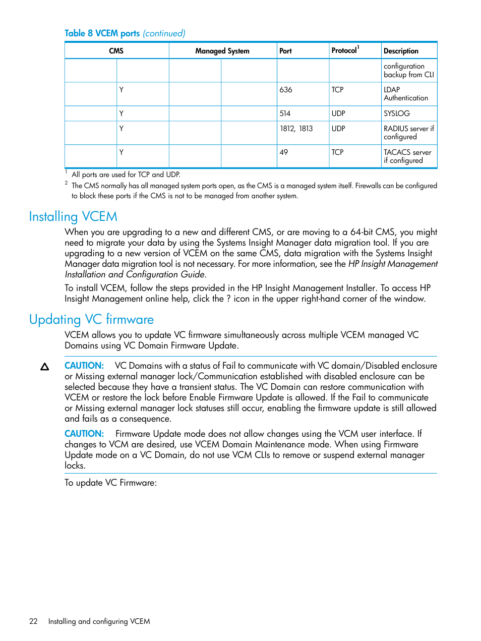 Installing vcem, Updating vc firmware, Installing vcem updating vc firmware | HP Virtual Connect Enterprise Manager Software User Manual | Page 22 / 195