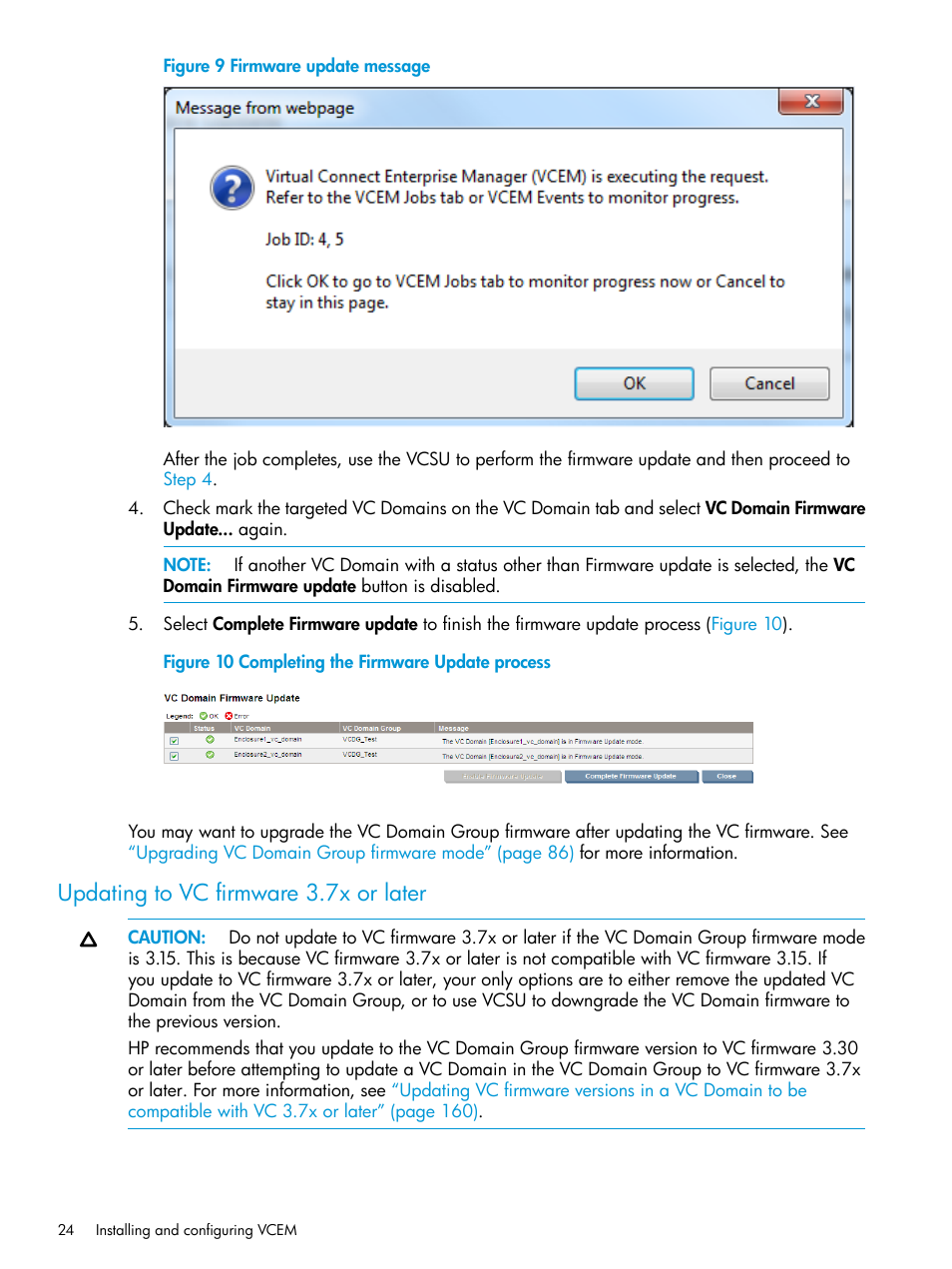 Updating to vc firmware 3.7x or later | HP Virtual Connect Enterprise Manager Software User Manual | Page 24 / 195