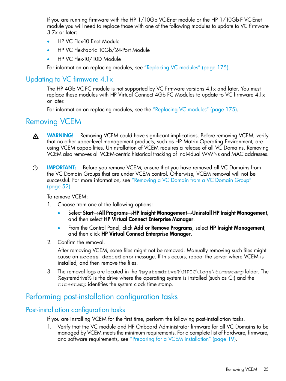 Updating to vc firmware 4.1x, Removing vcem, Performing post-installation configuration tasks | Post-installation configuration tasks | HP Virtual Connect Enterprise Manager Software User Manual | Page 25 / 195