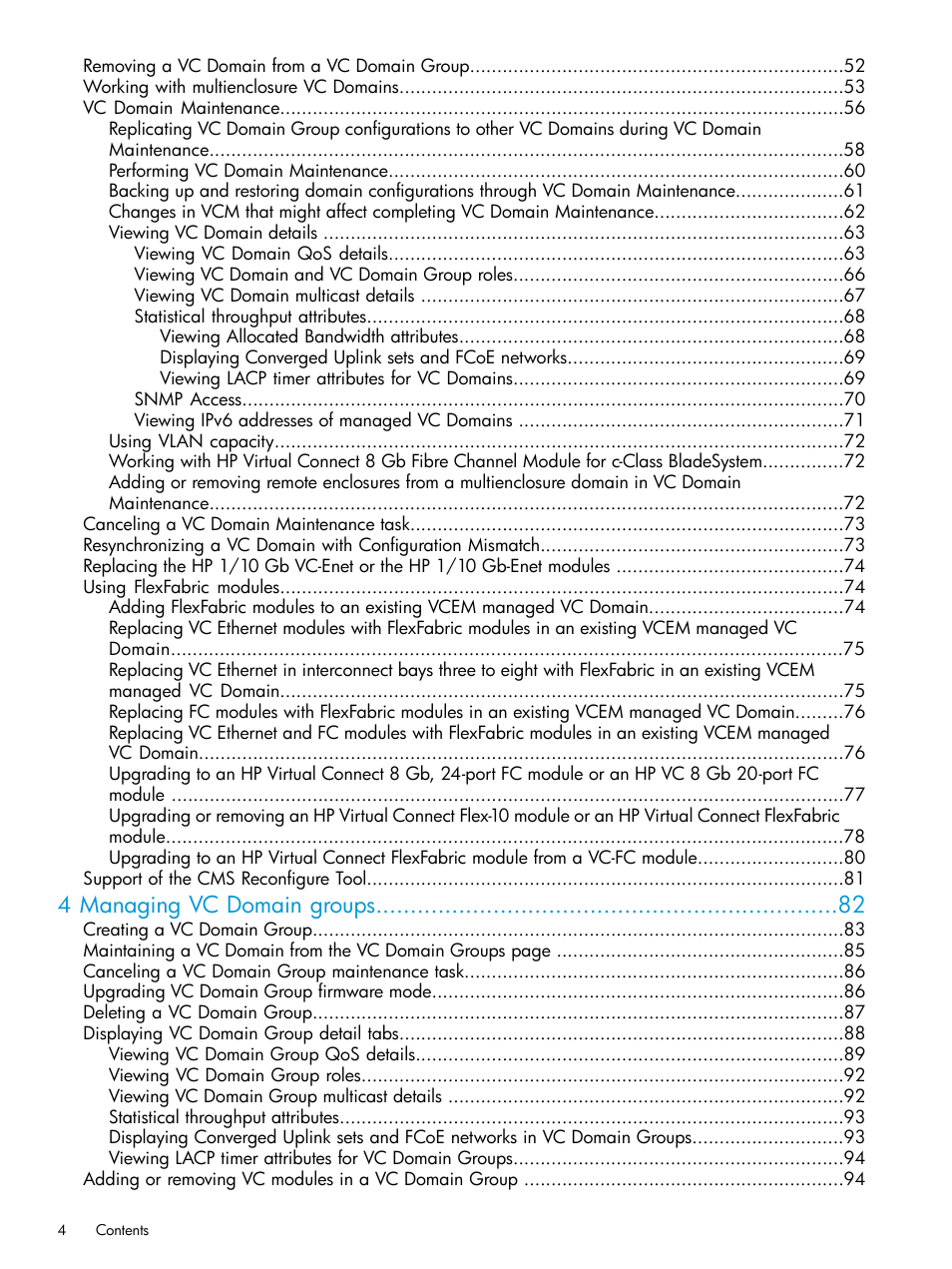 4 managing vc domain groups | HP Virtual Connect Enterprise Manager Software User Manual | Page 4 / 195