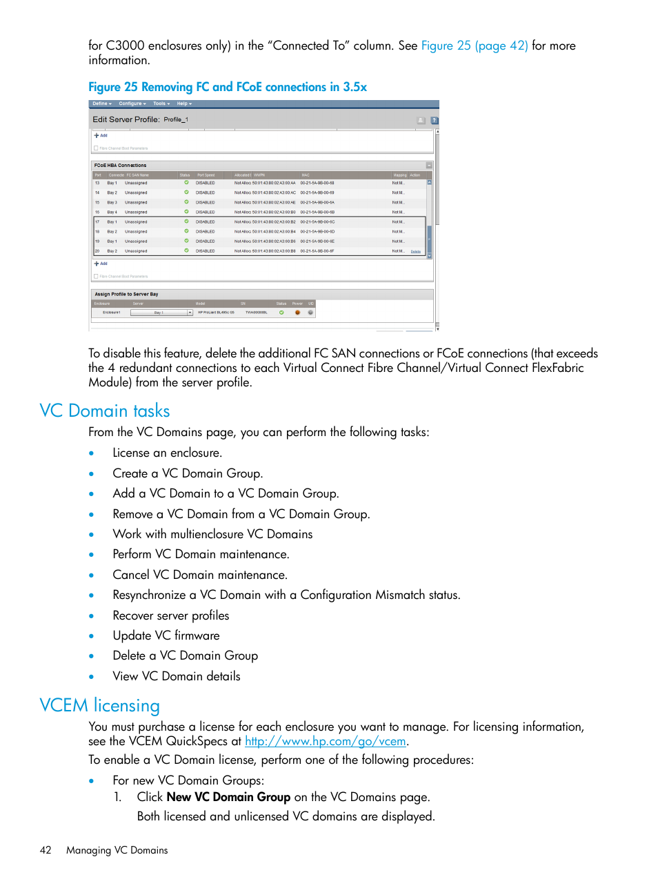 Vc domain tasks, Vcem licensing, Vc domain tasks vcem licensing | HP Virtual Connect Enterprise Manager Software User Manual | Page 42 / 195