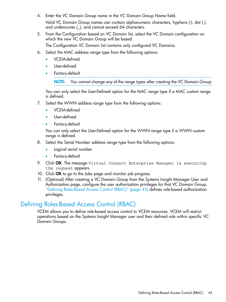 Defining roles-based access control (rbac) | HP Virtual Connect Enterprise Manager Software User Manual | Page 45 / 195