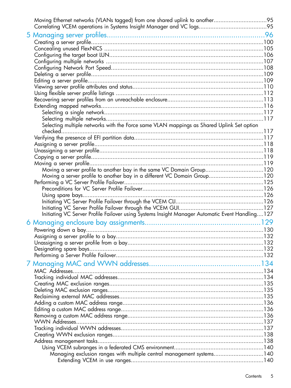 5 managing server profiles, 6 managing enclosure bay assignments, 7 managing mac and wwn addresses | HP Virtual Connect Enterprise Manager Software User Manual | Page 5 / 195