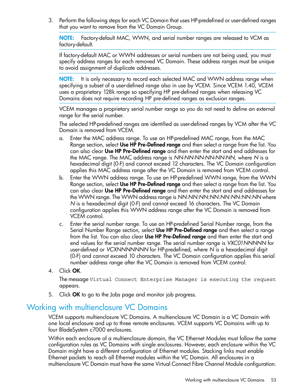 Working with multienclosure vc domains | HP Virtual Connect Enterprise Manager Software User Manual | Page 53 / 195