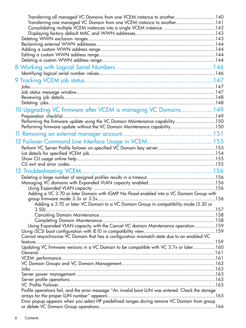 8 working with logical serial numbers, 9 tracking vcem job status, 13 troubleshooting vcem | HP Virtual Connect Enterprise Manager Software User Manual | Page 6 / 195