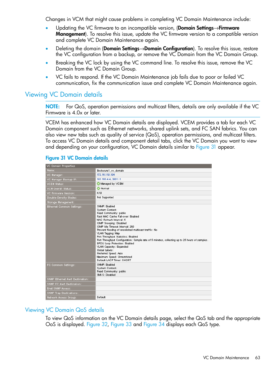 Viewing vc domain details, Viewing vc domain qos details | HP Virtual Connect Enterprise Manager Software User Manual | Page 63 / 195