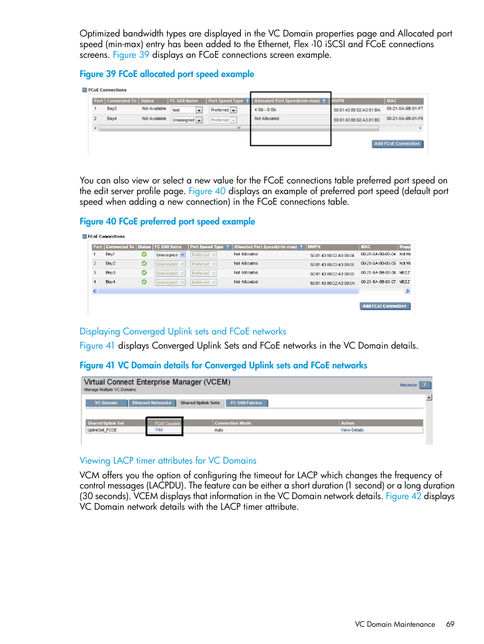 Displaying converged uplink sets and fcoe networks, Viewing lacp timer attributes for vc domains | HP Virtual Connect Enterprise Manager Software User Manual | Page 69 / 195