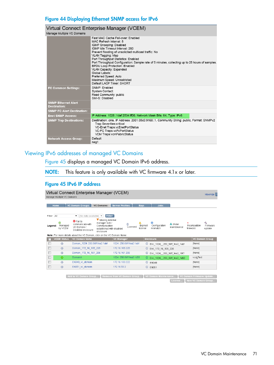 Viewing ipv6 addresses of managed vc domains | HP Virtual Connect Enterprise Manager Software User Manual | Page 71 / 195