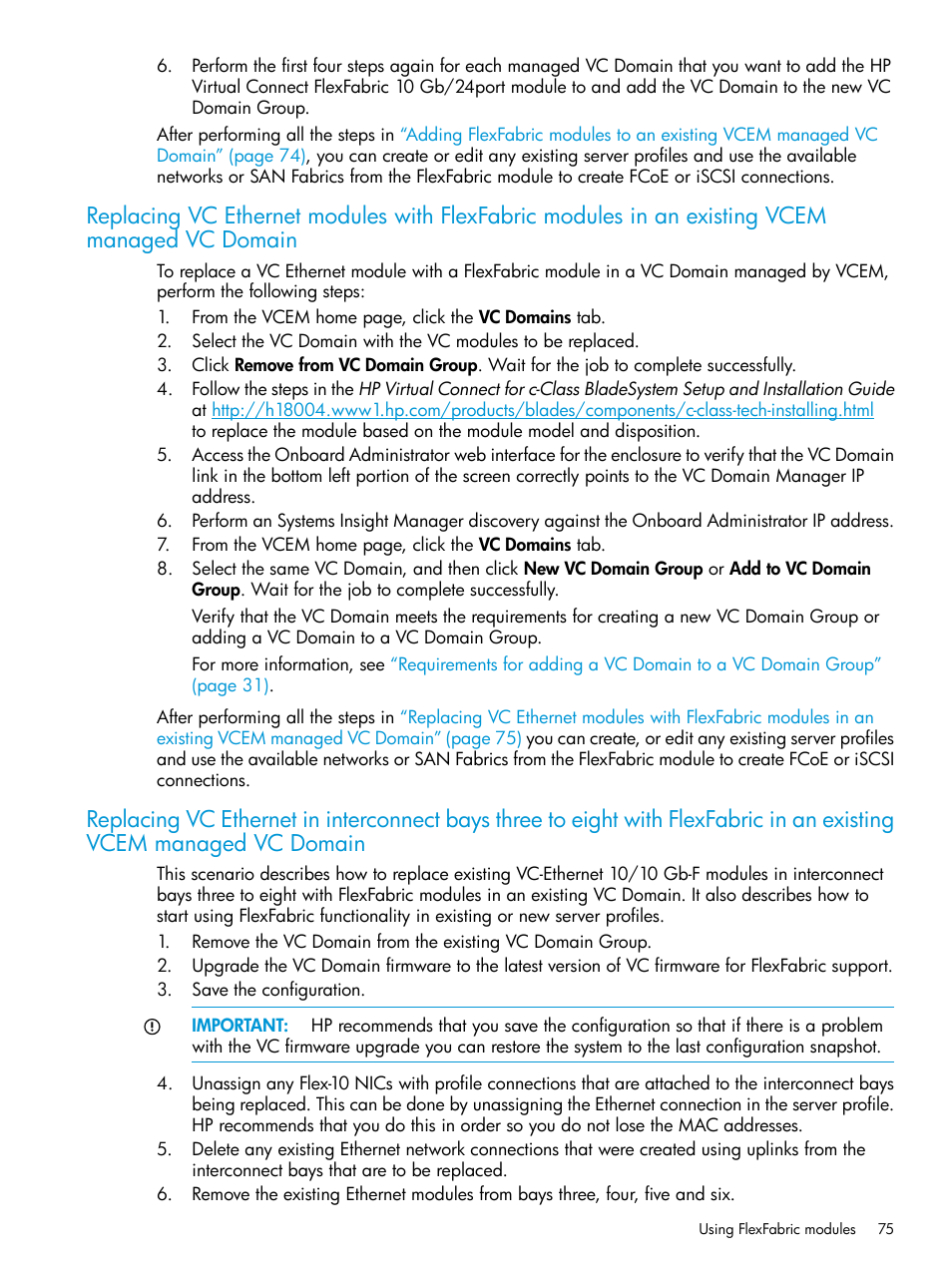 Replacing vc ethernet in interconnect bays | HP Virtual Connect Enterprise Manager Software User Manual | Page 75 / 195